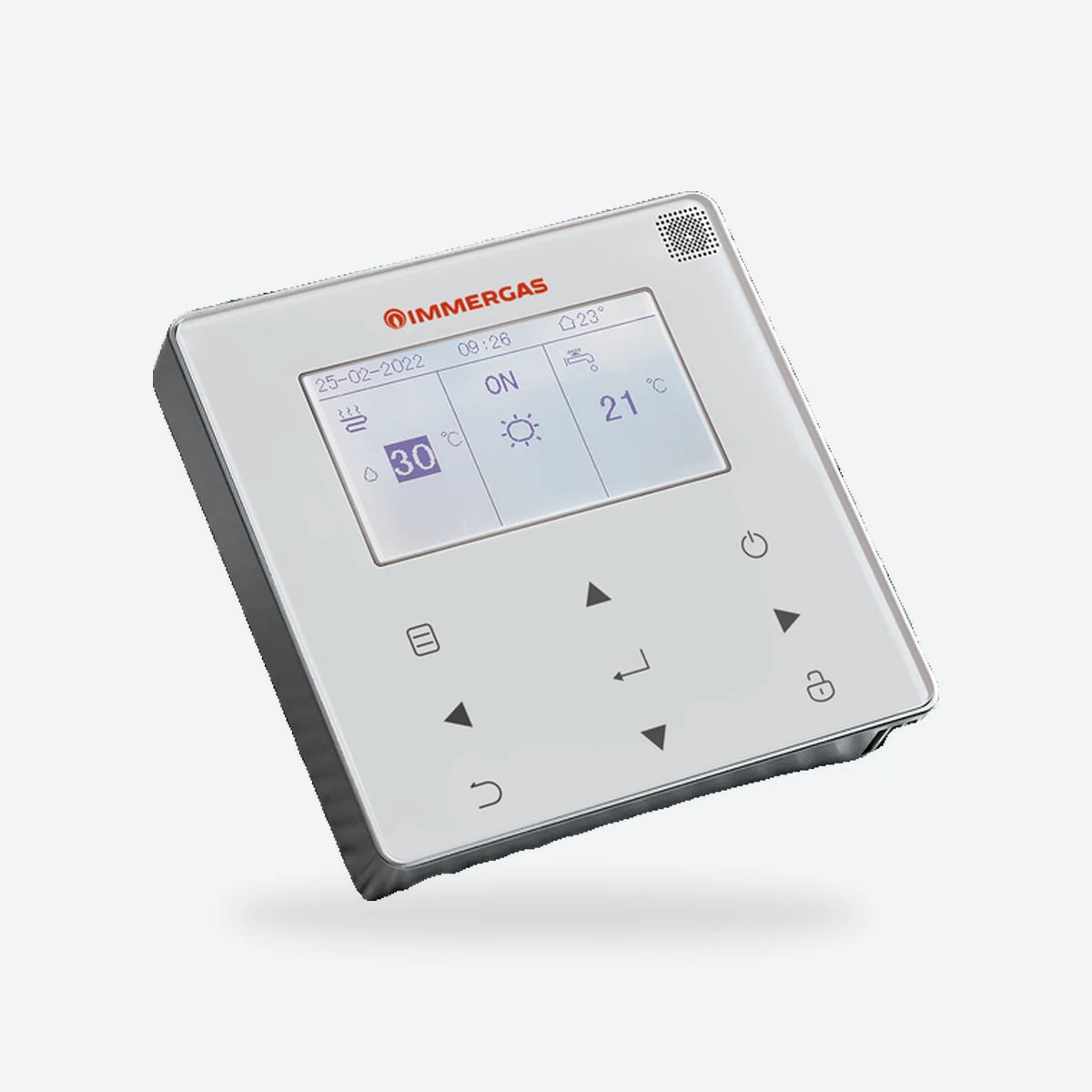 Magis M wall control panel in light grey with the Immergas logo and a colour display