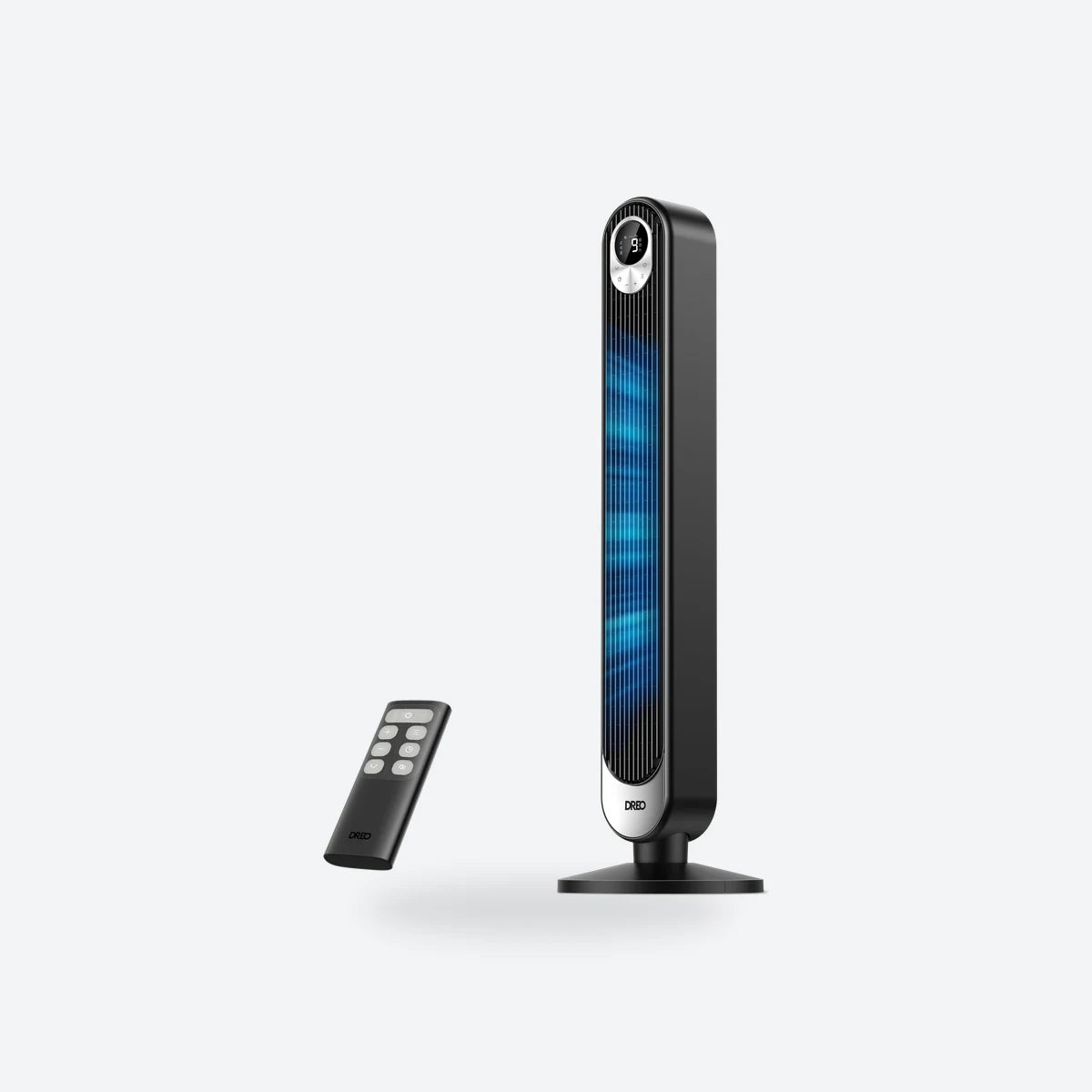 Dreo 518 tower fan in black with its remote control
