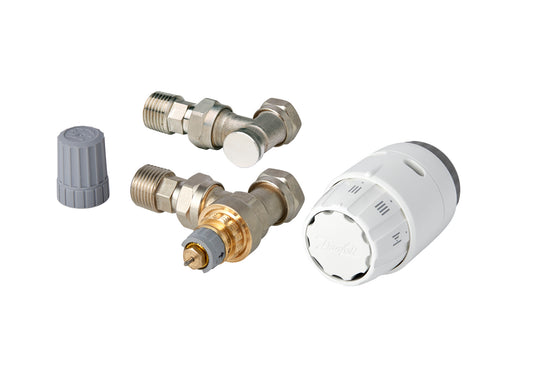 Danfoss RAS-C2 radiator pack: sensor head, angled valve and lockshield