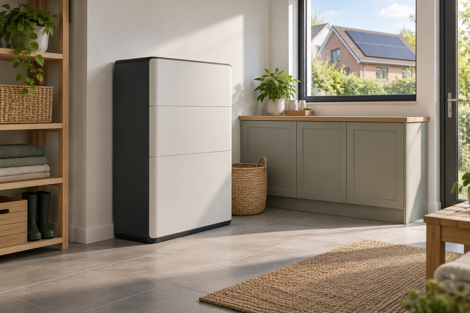 AI-generated home-energy concept. Not a battery offered for sale or an installation design.