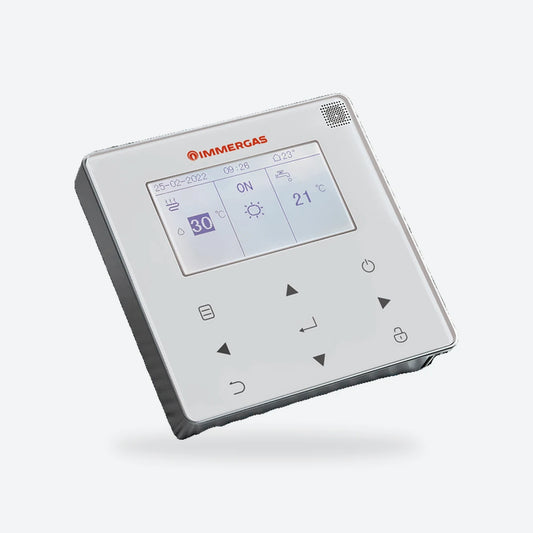 Magis M wall control panel in light grey with the Immergas logo and a colour display