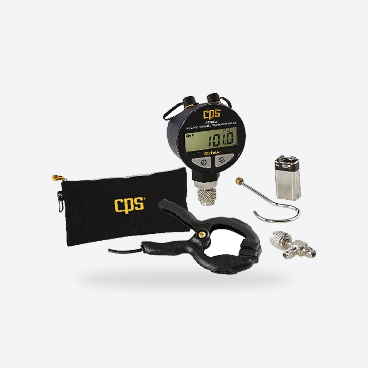 CPS PT200W wireless gauge with its pouch, clamp probe and accessories
