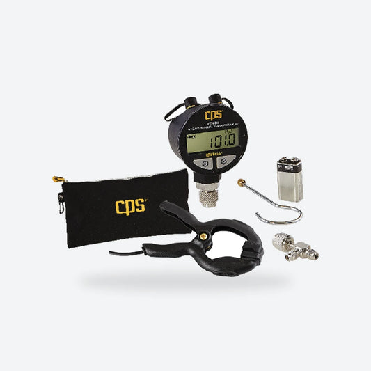 CPS PT200W wireless gauge with its pouch, clamp probe and accessories