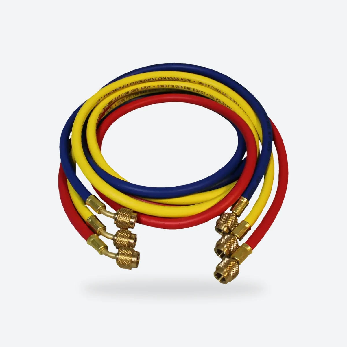 CPS refrigerant charging hoses in red, yellow and blue, coiled