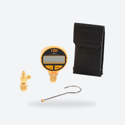 CPS VG200 digital vacuum gauge with its pouch, hanging hook and adapter