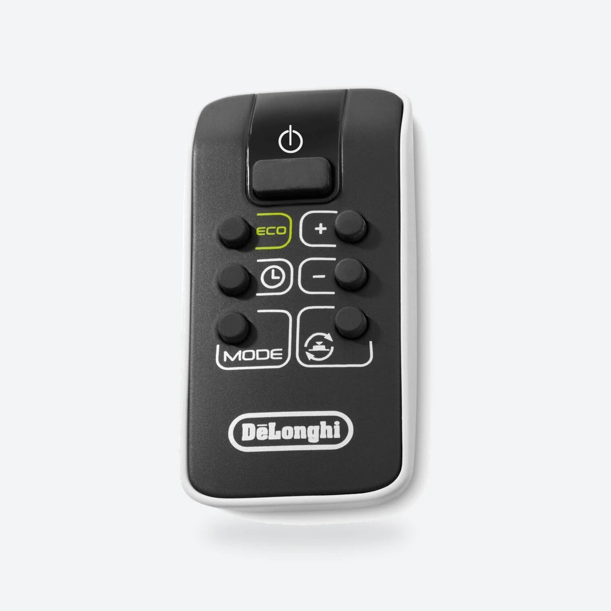 De'Longhi tower heater remote control in black and white
