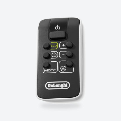 De'Longhi tower heater remote control in black and white