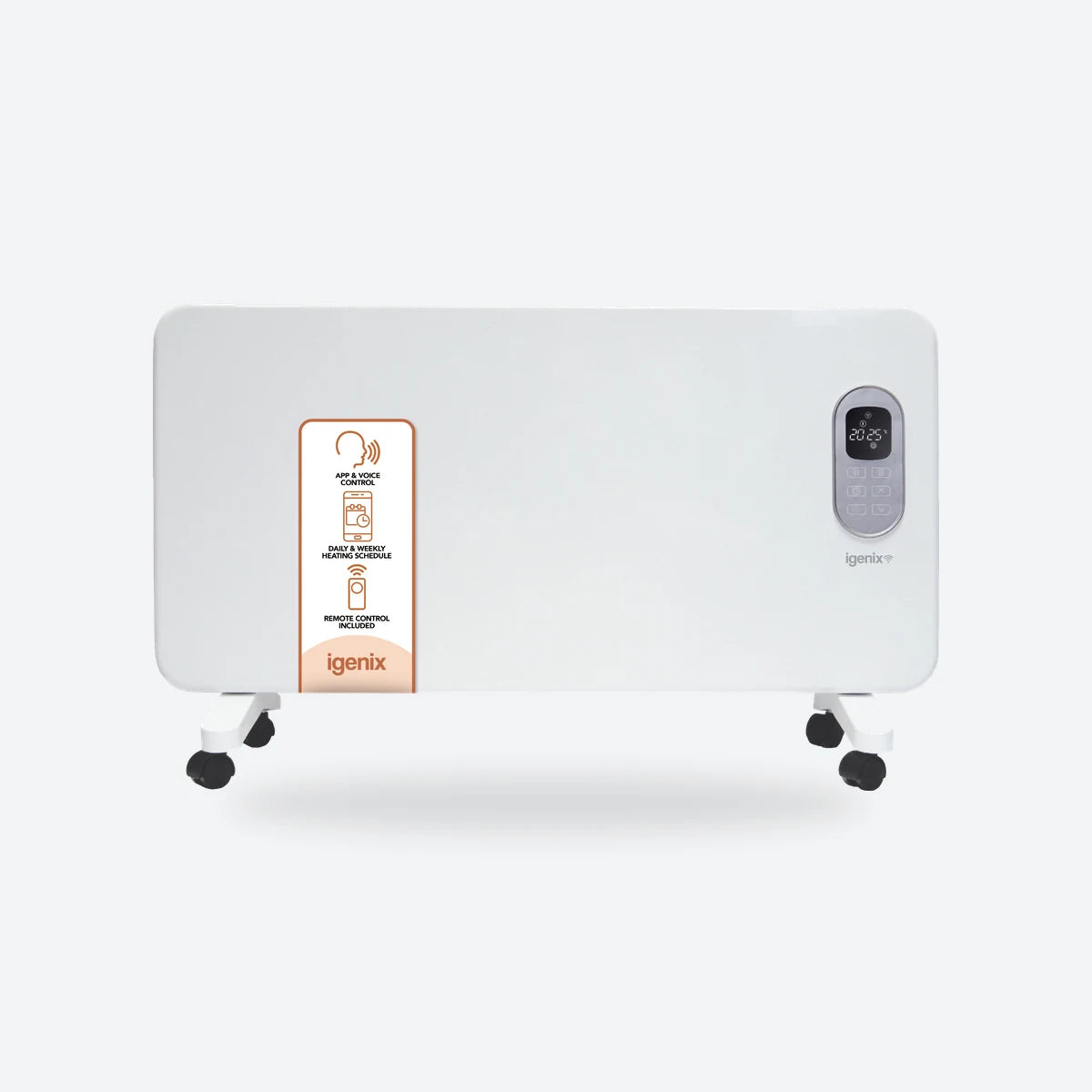 Igenix smart panel heater in white on castor feet, front view
