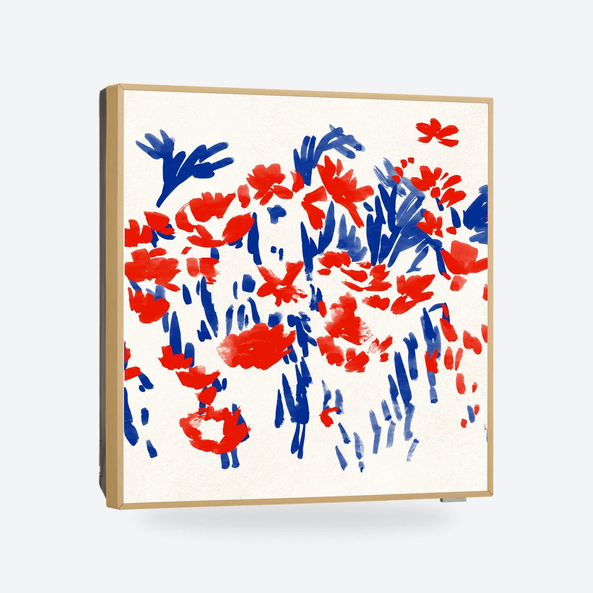 LG ARTCOOL Gallery indoor unit with a flower artwork panel, angled view