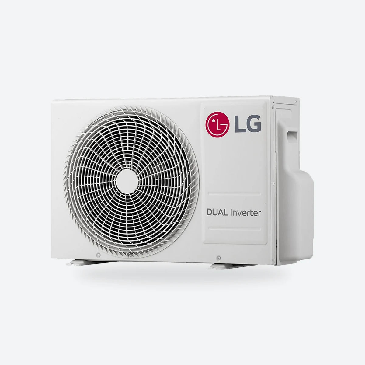 LG air conditioning outdoor unit in white with the LG logo, seen from an angle