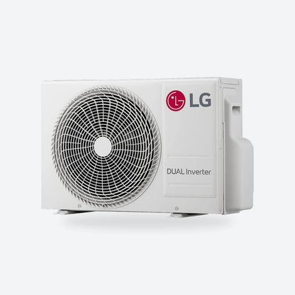 LG air conditioning outdoor unit in white with the LG logo, seen from an angle
