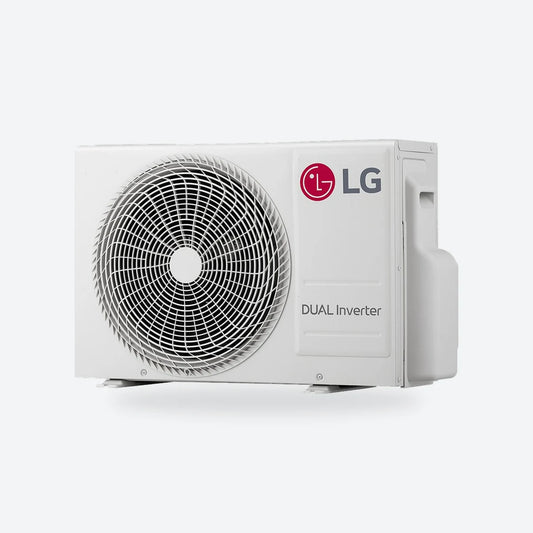 LG air conditioning outdoor unit in white with the LG logo, seen from an angle