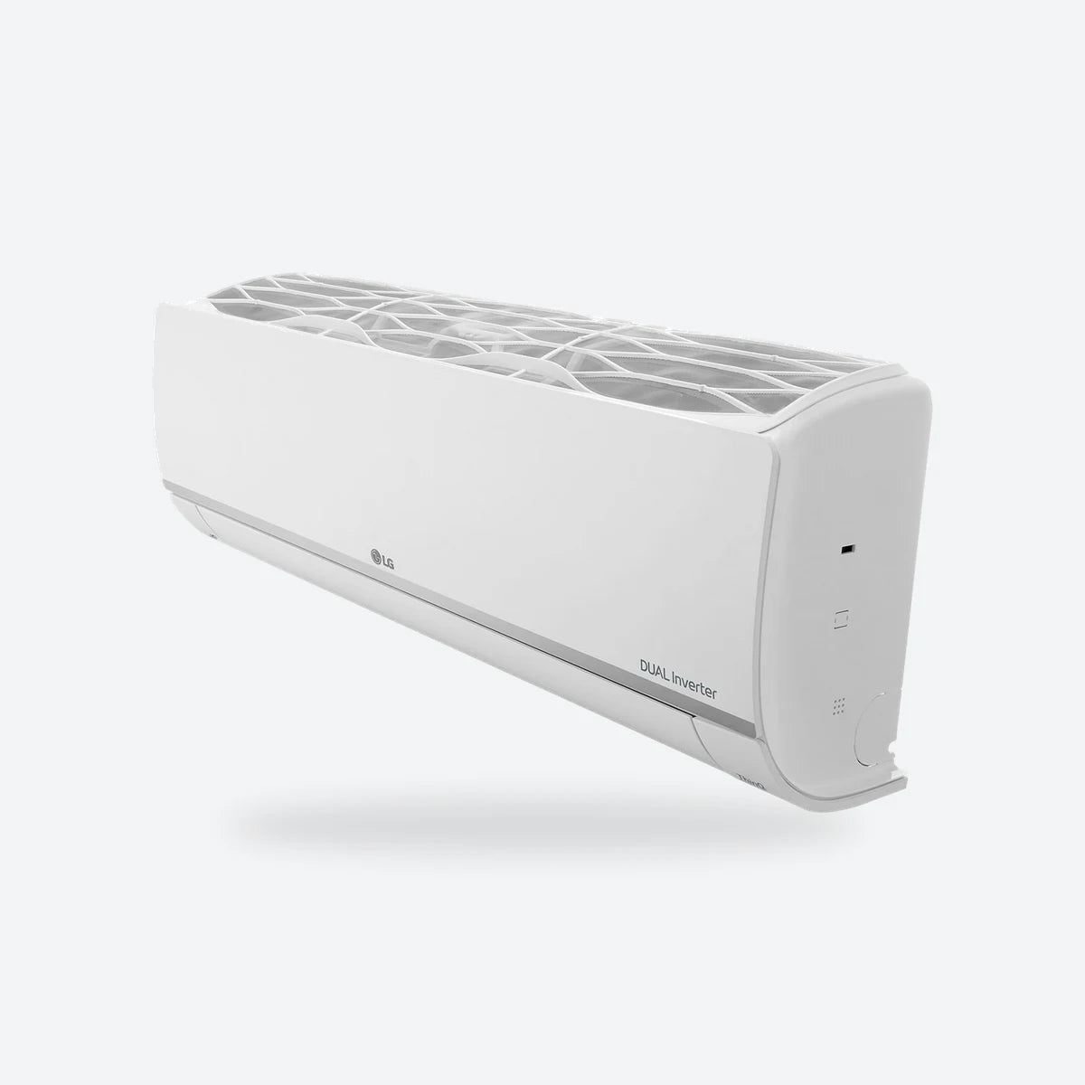 LG DUALCOOL wall-mounted indoor unit in white, angled view from above