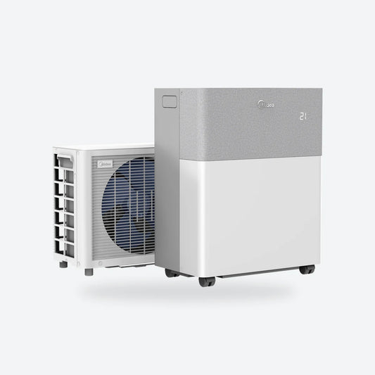 Midea PortaSplit indoor and outdoor units, angled view