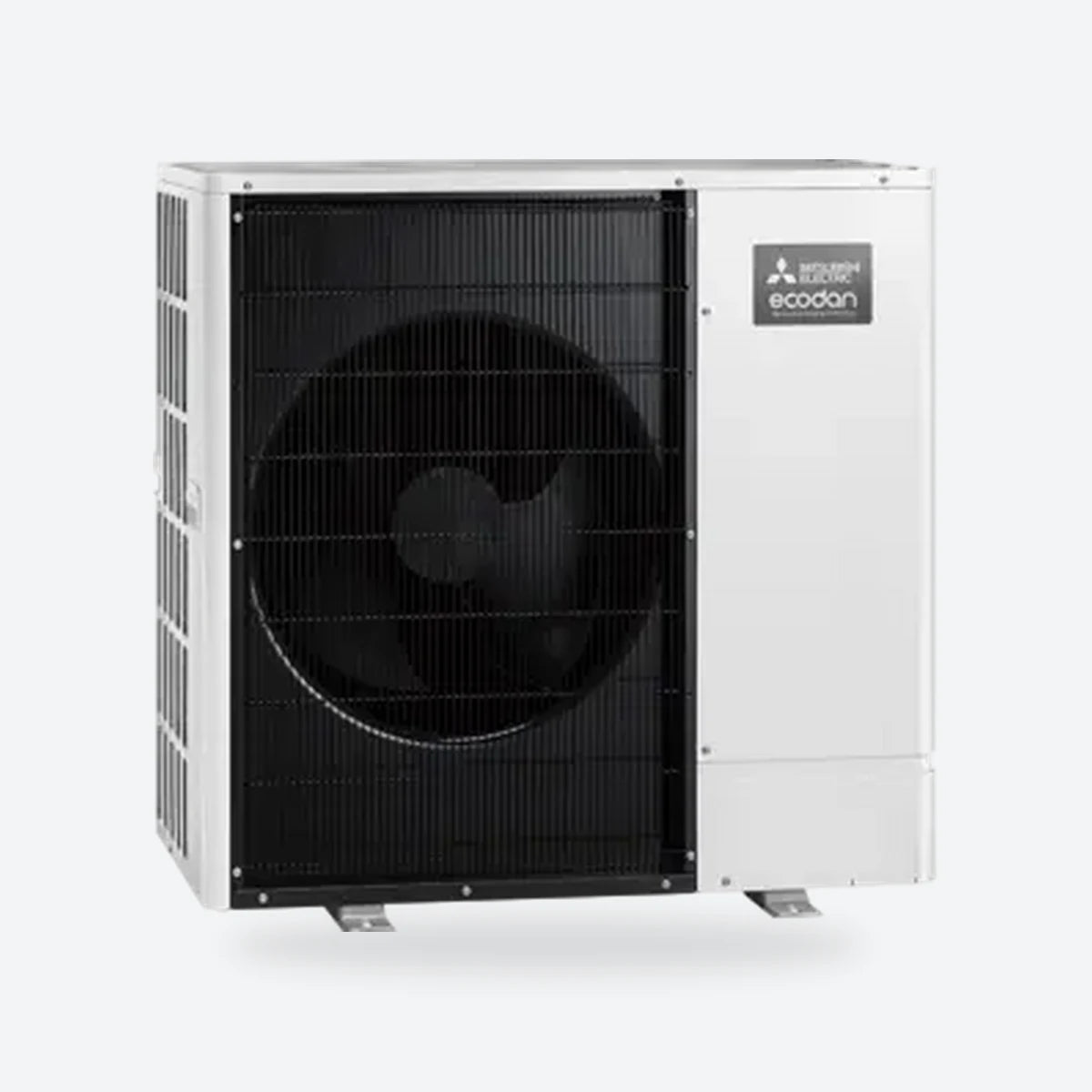Mitsubishi Electric Ecodan air source heat pump outdoor unit with a black front, seen from the left