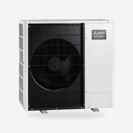 Mitsubishi Electric Ecodan air source heat pump outdoor unit with a black front, seen from the left