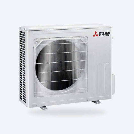 Mitsubishi Electric air conditioning outdoor unit in white, seen from an angle