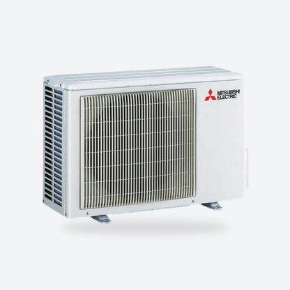 Mitsubishi Electric air conditioning outdoor unit in white, seen from an angle