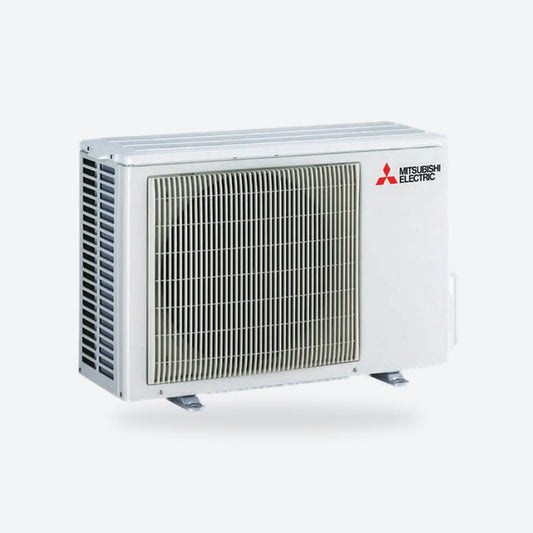 Mitsubishi Electric air conditioning outdoor unit in white, seen from an angle