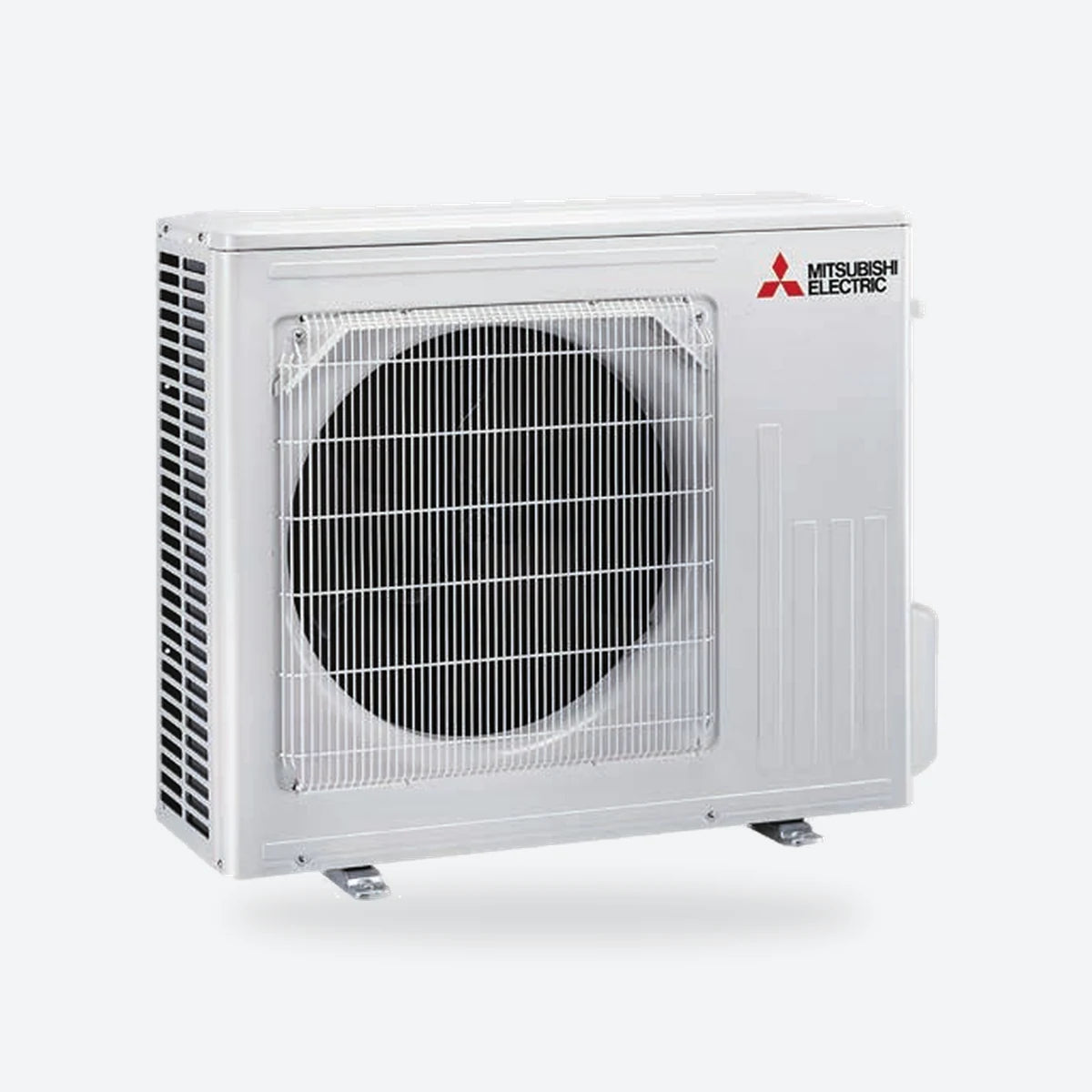 Mitsubishi Electric air conditioning outdoor unit in white, seen from an angle