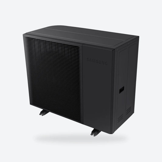 Samsung EHS Mono R290 air source heat pump outdoor unit in black, seen from an angle