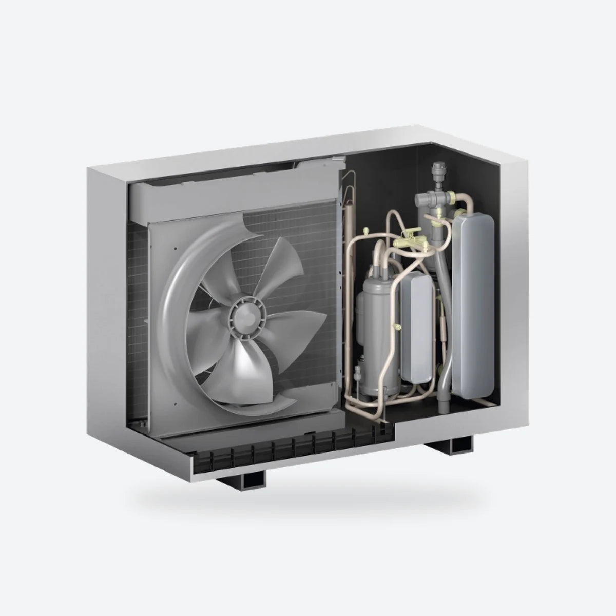 Viessmann Vitocal single fan outdoor unit with the casing cut away to show the fan and refrigerant circuit