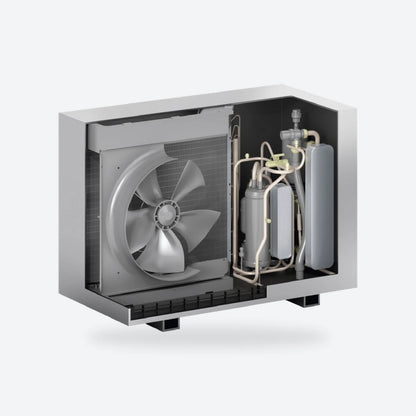 Viessmann Vitocal single fan outdoor unit with the casing cut away to show the fan and refrigerant circuit