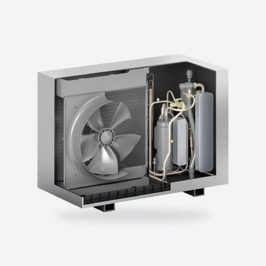 Viessmann Vitocal single fan outdoor unit with the casing cut away to show the fan and refrigerant circuit