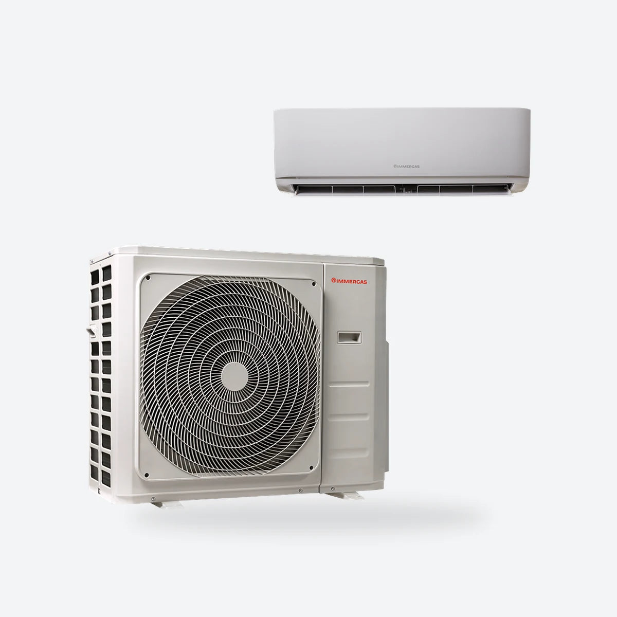 Alpha multi-split air conditioning pack: a large white outdoor unit with one fan and a white wall-mounted indoor unit.