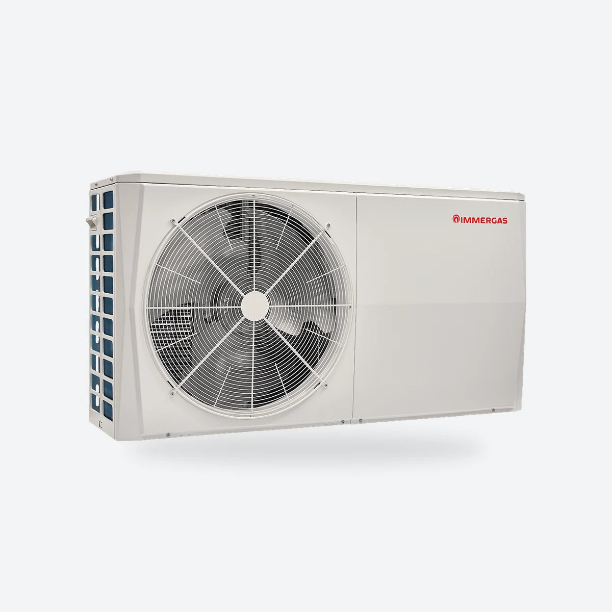 Alpha Magis M6 air source heat pump outdoor unit in light grey with a single large fan grille and the Immergas logo, seen from an angle.