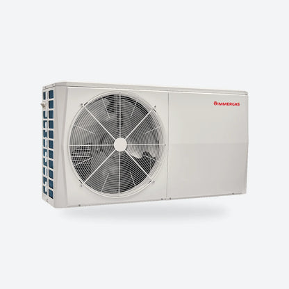 Alpha Magis M6 air source heat pump outdoor unit in light grey with a single large fan grille and the Immergas logo, seen from an angle.