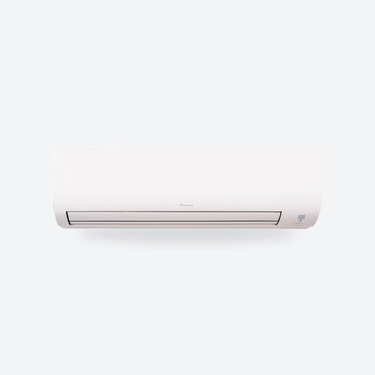Daikin Comfora wall-mounted air conditioning indoor unit on a light grey square.