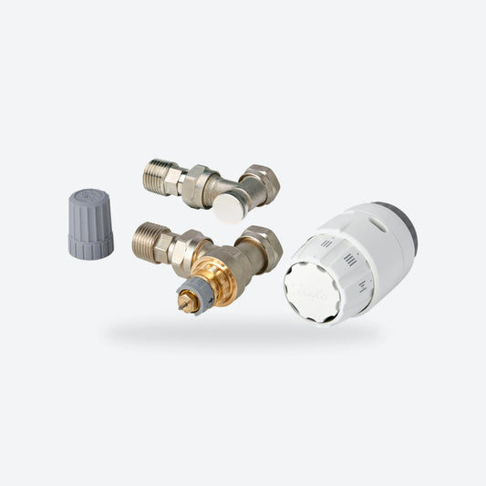 Danfoss RAS-C2 radiator valve pack: white sensor head, 15 mm angled valve body and lockshield