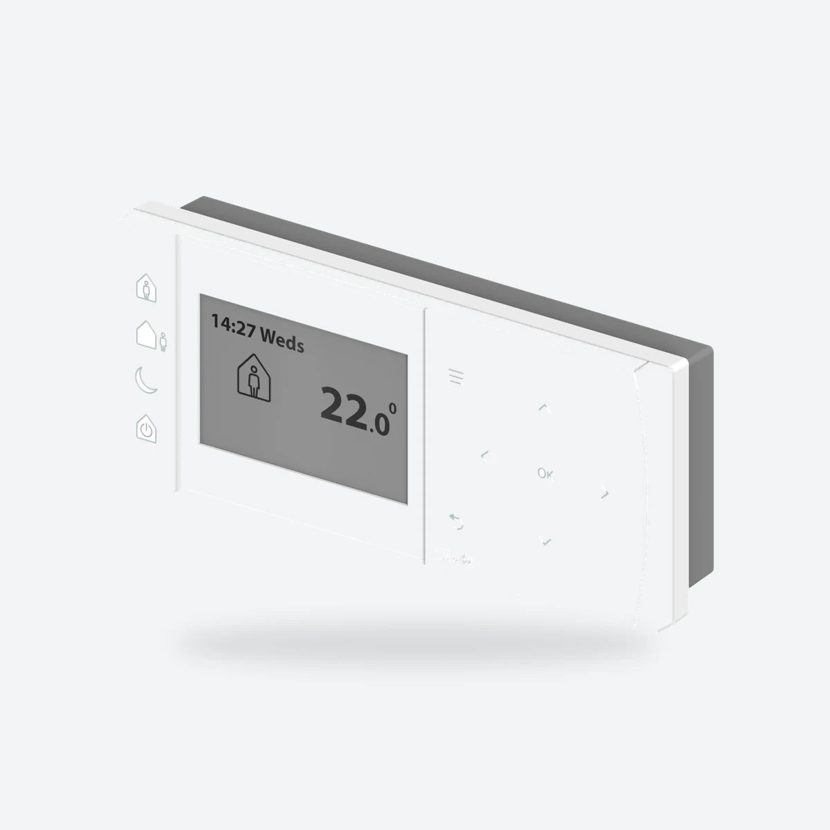Danfoss TPOne programmable room thermostat in white, angled view