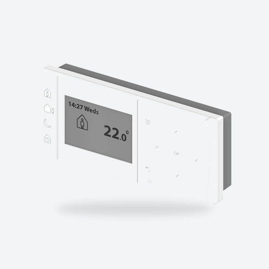 Danfoss TPOne programmable room thermostat in white, angled view