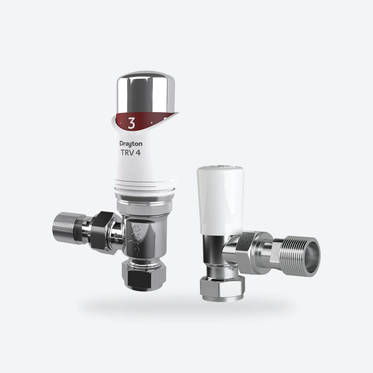 Drayton TRV4 15 mm angled thermostatic radiator valve in white and chrome with matching lockshield