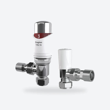 Drayton TRV4 15 mm angled thermostatic radiator valve in white and chrome with matching lockshield