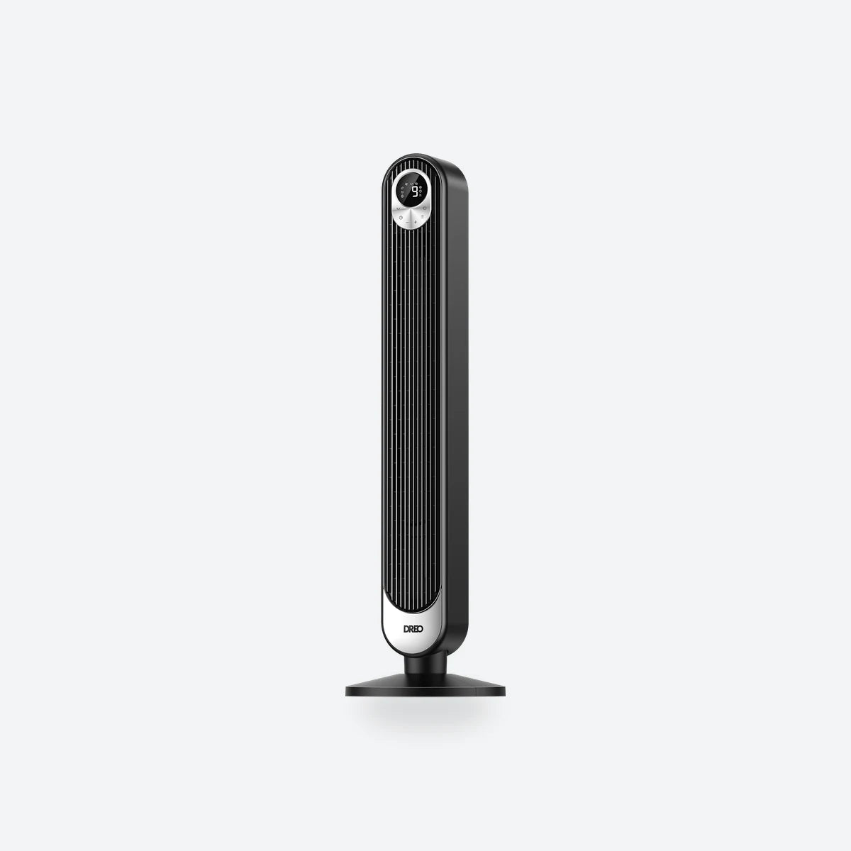 Dreo 518 tower fan in black and silver, front view