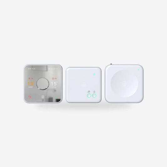 Hive Thermostat with its heating and hot water receiver and the Hive hub