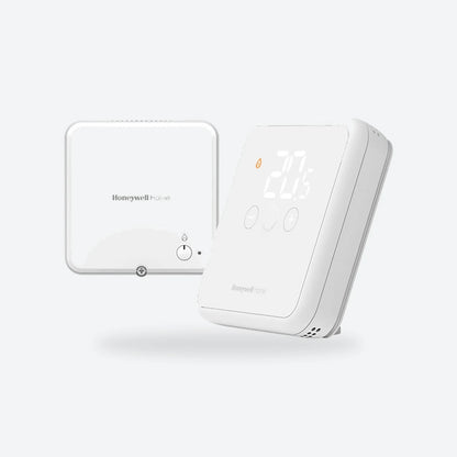 Honeywell Home DT4R wireless room thermostat in white with its receiver box