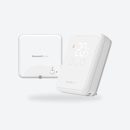 Honeywell Home DT4R wireless room thermostat in white with its receiver box