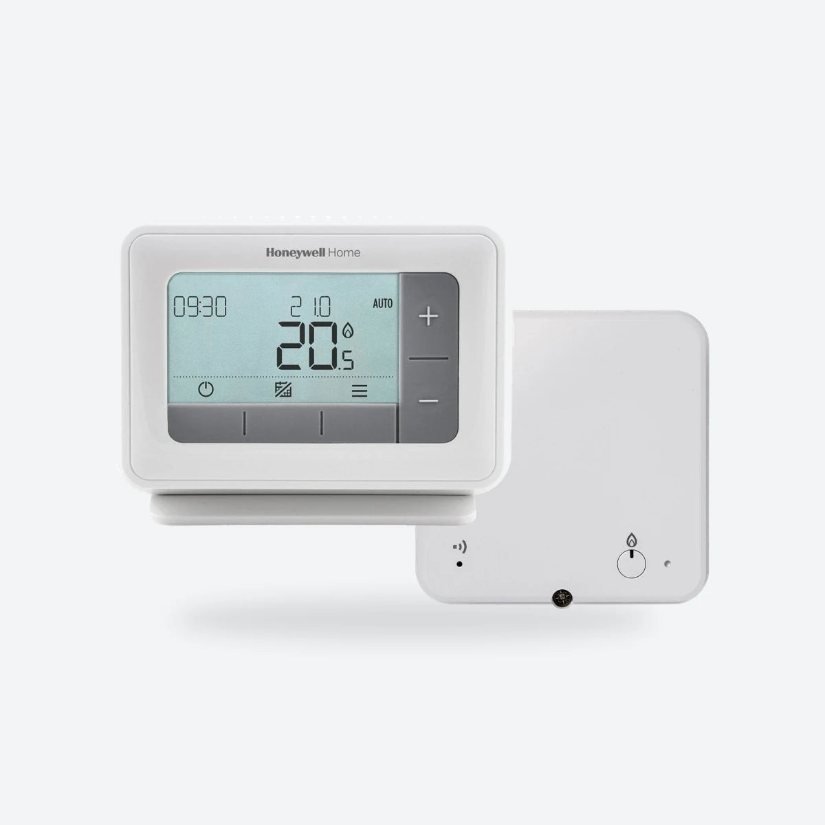 Honeywell Home T4R wireless programmable thermostat on its table stand with the receiver