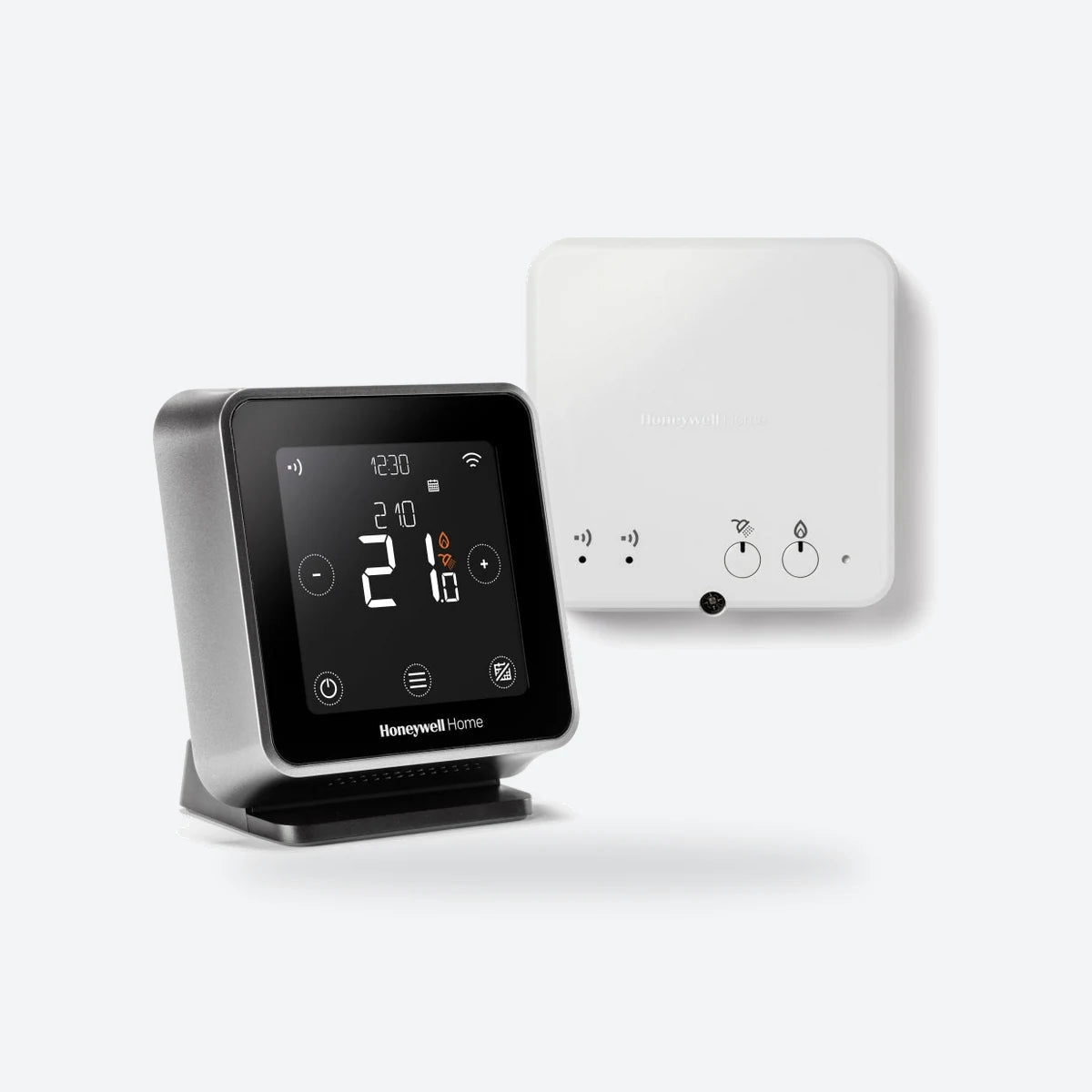 Honeywell Home T6R smart thermostat on its table stand with the hot water receiver