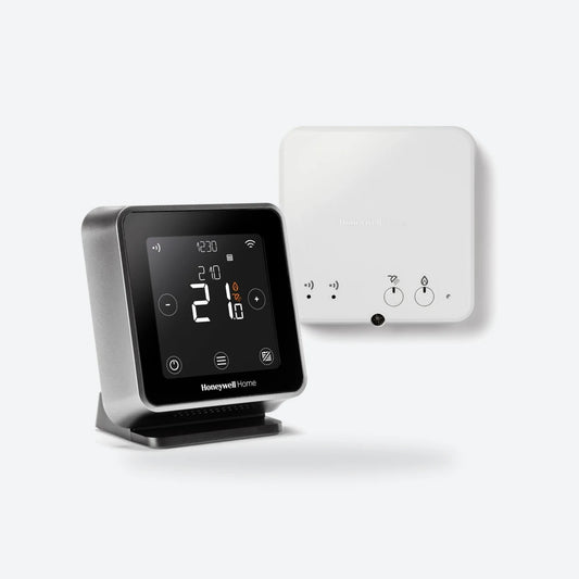 Honeywell Home T6R smart thermostat on its table stand with the hot water receiver
