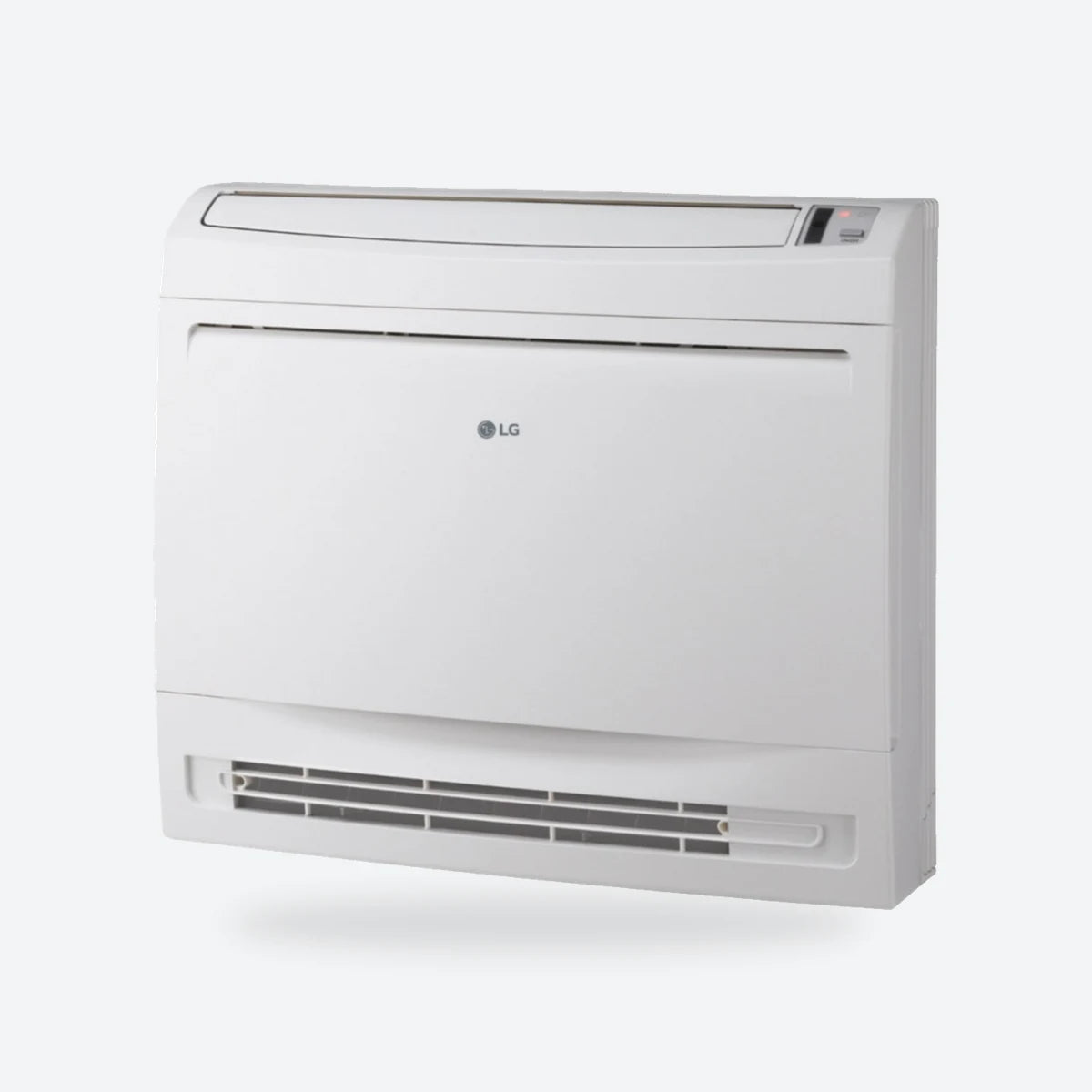 LG floor-standing console air conditioning indoor unit in white, seen from an angle.
