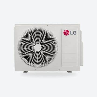 LG multi-split outdoor unit in white with one large fan and the LG logo.