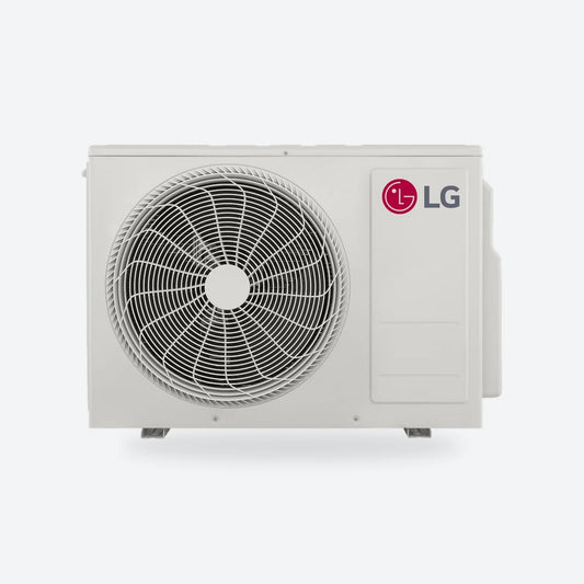 LG multi-split outdoor unit in white with one large fan and the LG logo.