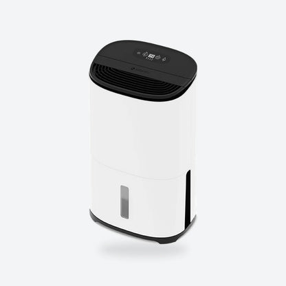 MeacoDry Arete One 20L dehumidifier in white with a black top, three-quarter view