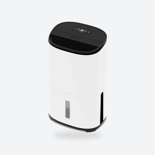 MeacoDry Arete One 20L dehumidifier in white with a black top, three-quarter view