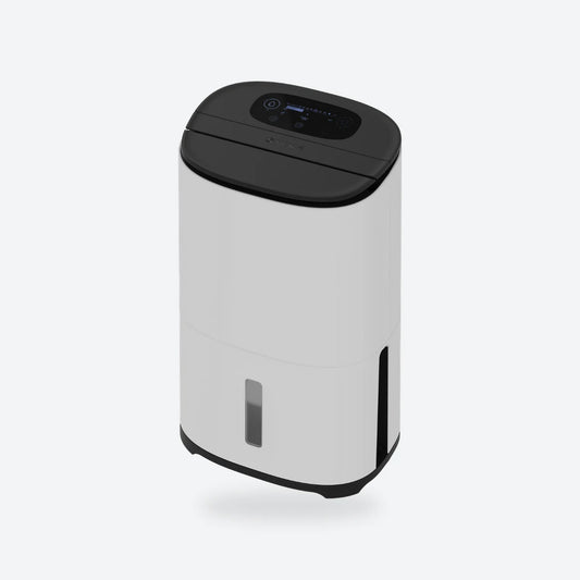 MeacoDry Arete Two 20L dehumidifier in white, three-quarter front view